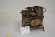 Vintage Cast Iron "Pearl" Salesman Sample Wood Stove w/Pot and Pans