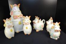 Vintage "Bossy the Cow" Set including Cookie Jar, Tea Pot, Salt and Pepper, and Cream and Sugar