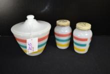 Fire-King Colonial Band Grease Jar w/Lid and Fire-King Colonial Band Salt and Pepper Shakers