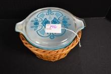 Pyrex New Horizon Promotional No. 474 Round Casserole w/Printed Lid and Serving Basket; Mfg. 1970-19