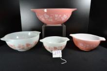 Pyrex Pink Gooseberry Cinderella Bowl Set including Nos. 441, 442, 443, and 444; Mfg. 1957-1966