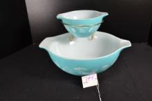 Pyrex Balloons Chip and Dip Set including Cinderella Bowls Nos. 441 and 444 w/Bracket; Mfg. 1958