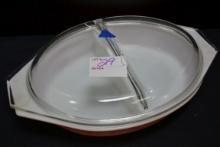 Pyrex Pink Daisy Divided Dish w/Lid; Mfg. 1958-1962