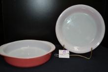 Pyrex Flamingo Bakeware including No. 209 Pie Plate and No. 221 Round Cake Dish; Mfg. 1952-1956