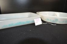 Glassbake Turquoise Flower Divided Dish and Oblong Casserole