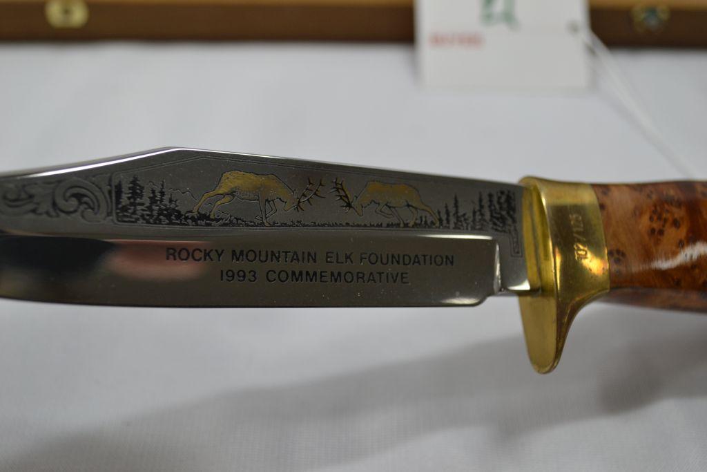 Rocky Mountain Elk Foundation 1993 Commemorative Knife, 5" Blade, 102/125, In Wooden Box Burlwood Ha