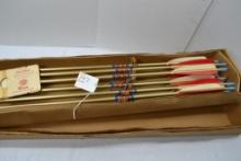 Bear Arrows; 12 Gold With Blue and Red Pattern, Red and White Fletching, Razor Head Axillary Blade