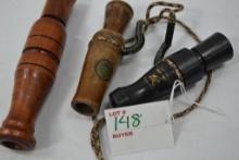 Group of Duck Calls; Big River Game Call Wooden, "Hen Talk" By Tim Grounds, Black On Lanyard and Unm