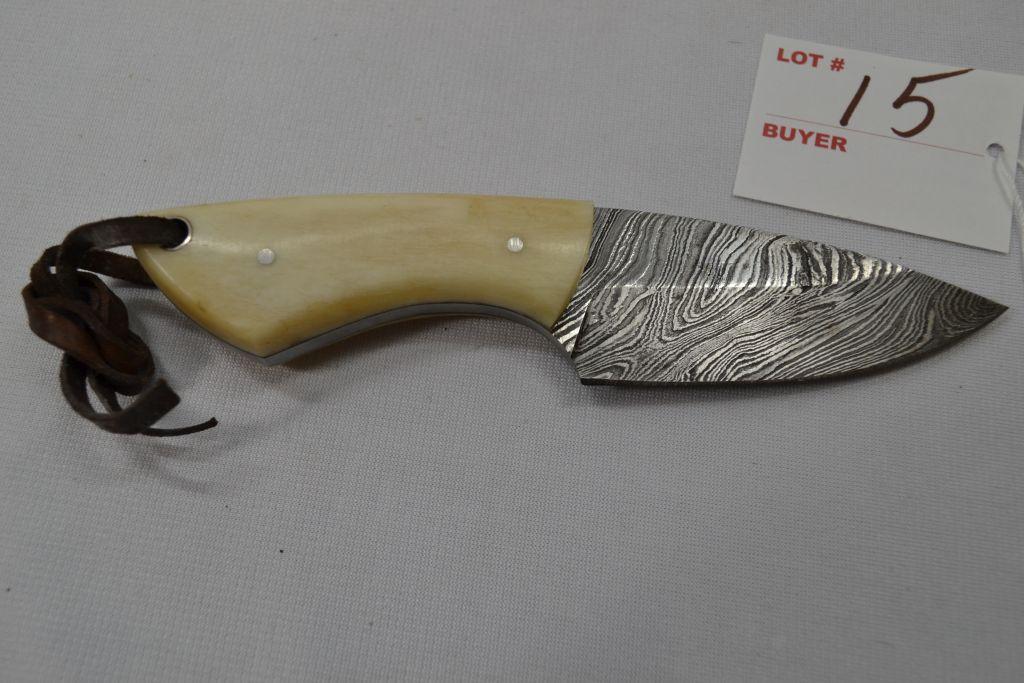 NIB Collectors Hunting Knife, Chipaway Cutlery, Bone Handle & Damascus Steel w/ Leather Sheath