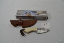 NIB Collectors Hunting Knife, Chipaway Cutlery, Bone Handle & Damascus Steel w/ Leather Sheath