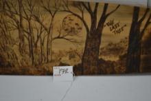 "The Last Tree" Wood Burned on Hide Stretcher Wood Scenery with Hunting Dogs