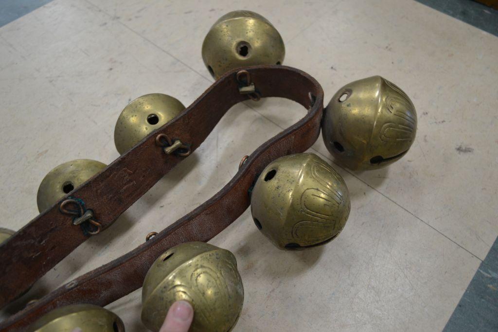 Complete Set of Brass on Leather Sleigh Bells; 24 Bells; Vintage