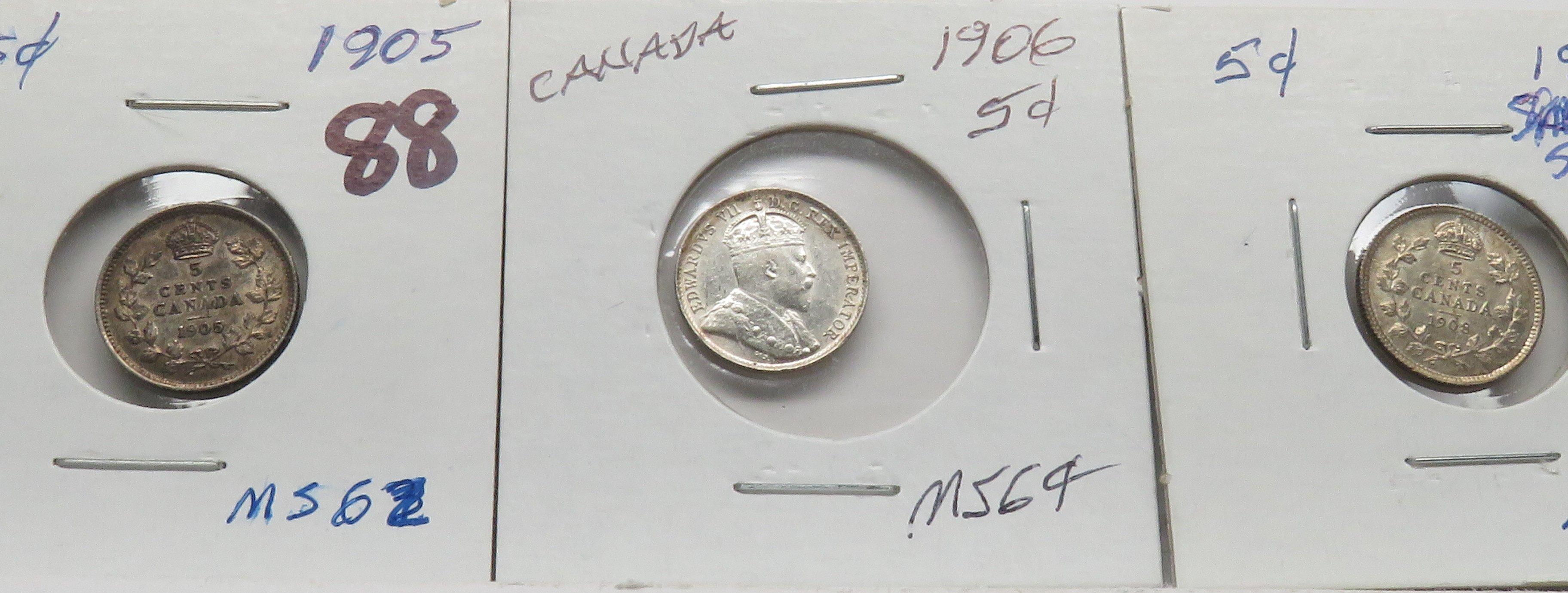 3 Canada Silver 5 Cent better grades: 1905, 1906, 1908