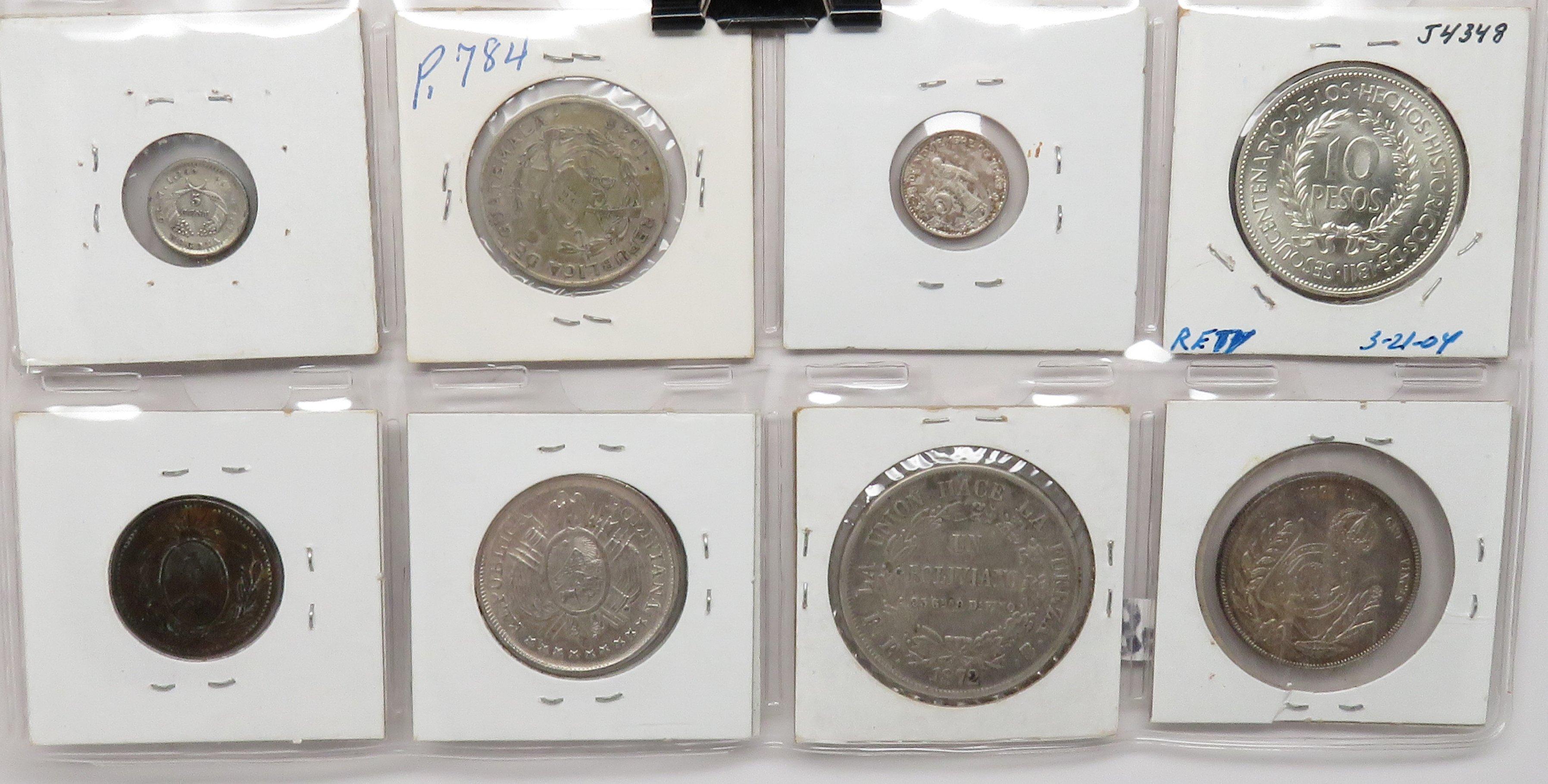 8 Silver World Coins: Argentina 1 Decimo; 2 Bolivia (50 C 1895, 1 Boliviano 1872); Brasil 1000 R 185