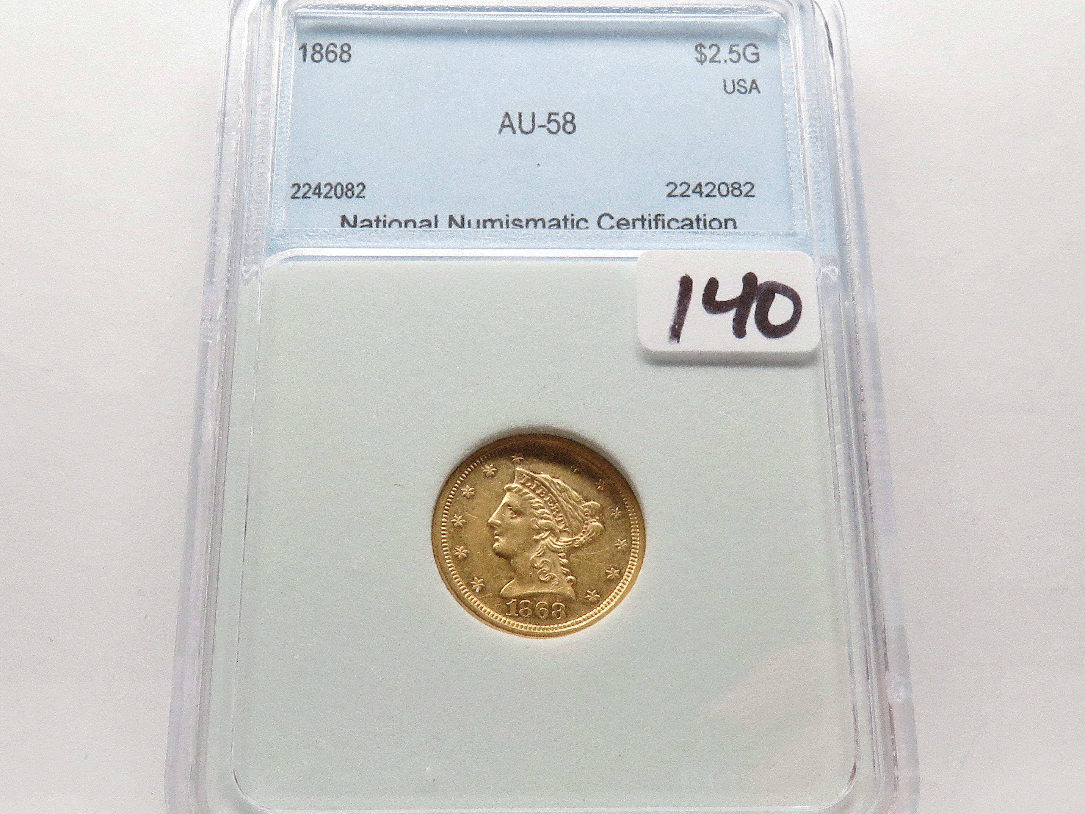 $2.50 Liberty Head Gold Quarter Eagle 1868 NNC CH AU (Only 3,600 minted)