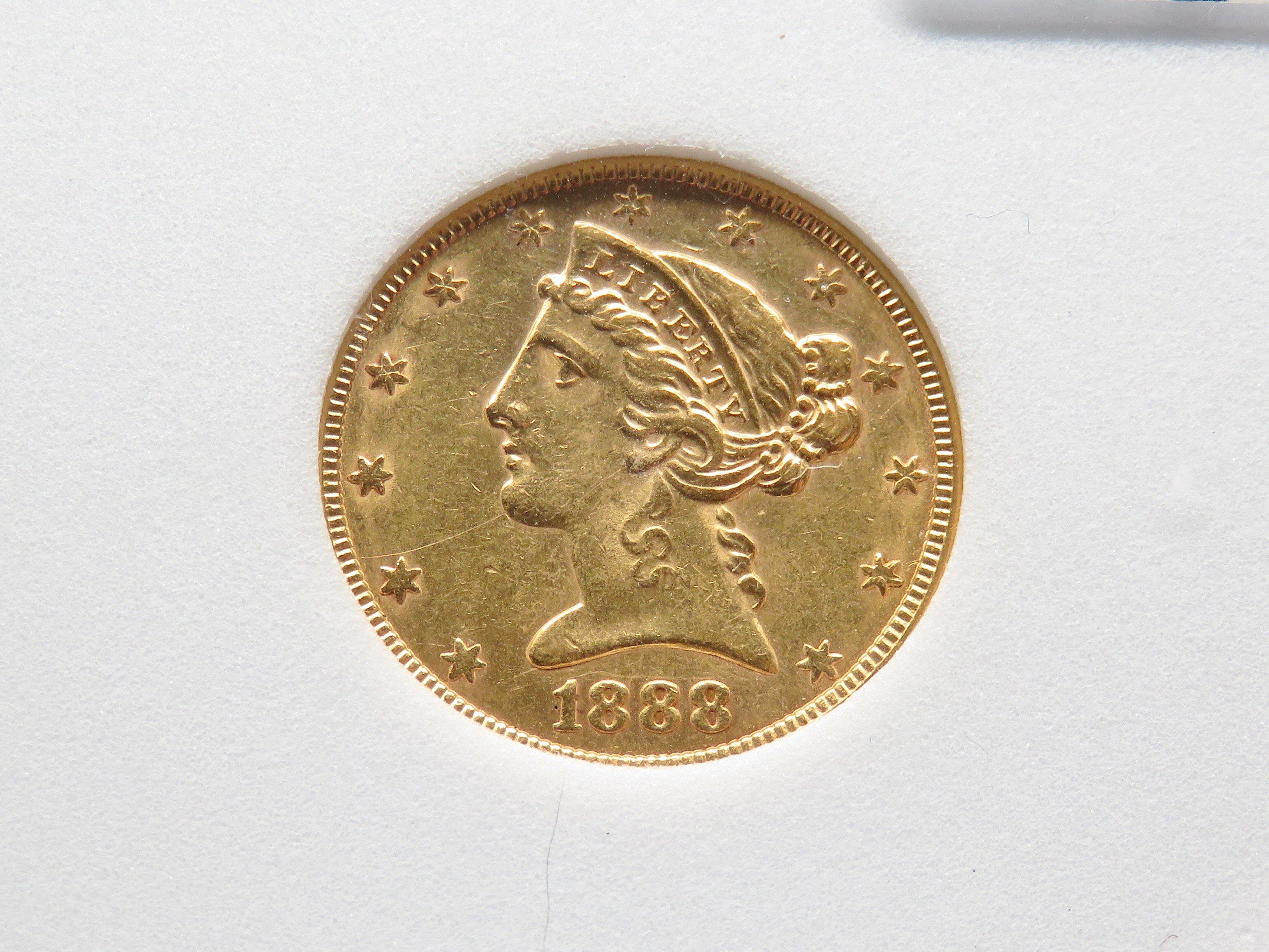 $5 Liberty Head Gold Half Eagle 1888-S  NNC Mint State (Only 293,900 minted)