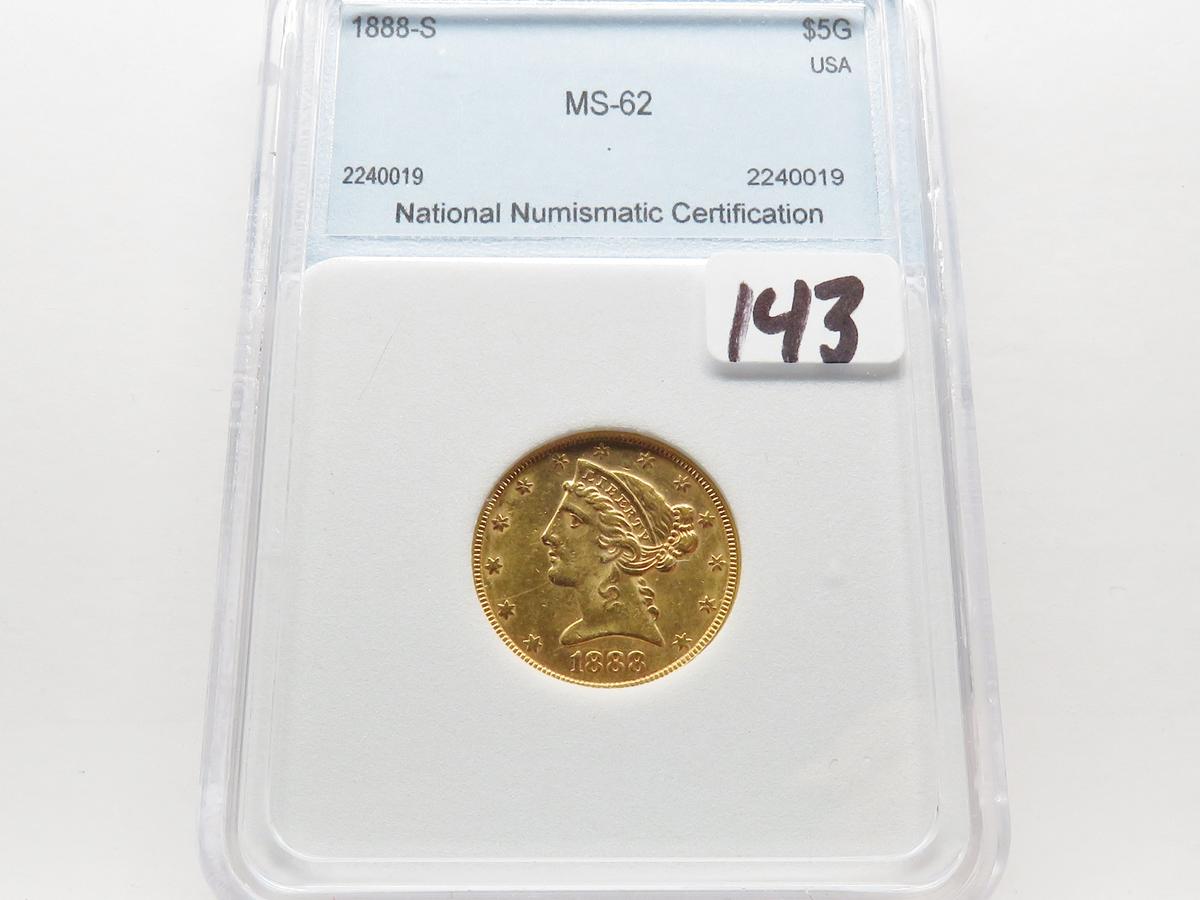 $5 Liberty Head Gold Half Eagle 1888-S  NNC Mint State (Only 293,900 minted)