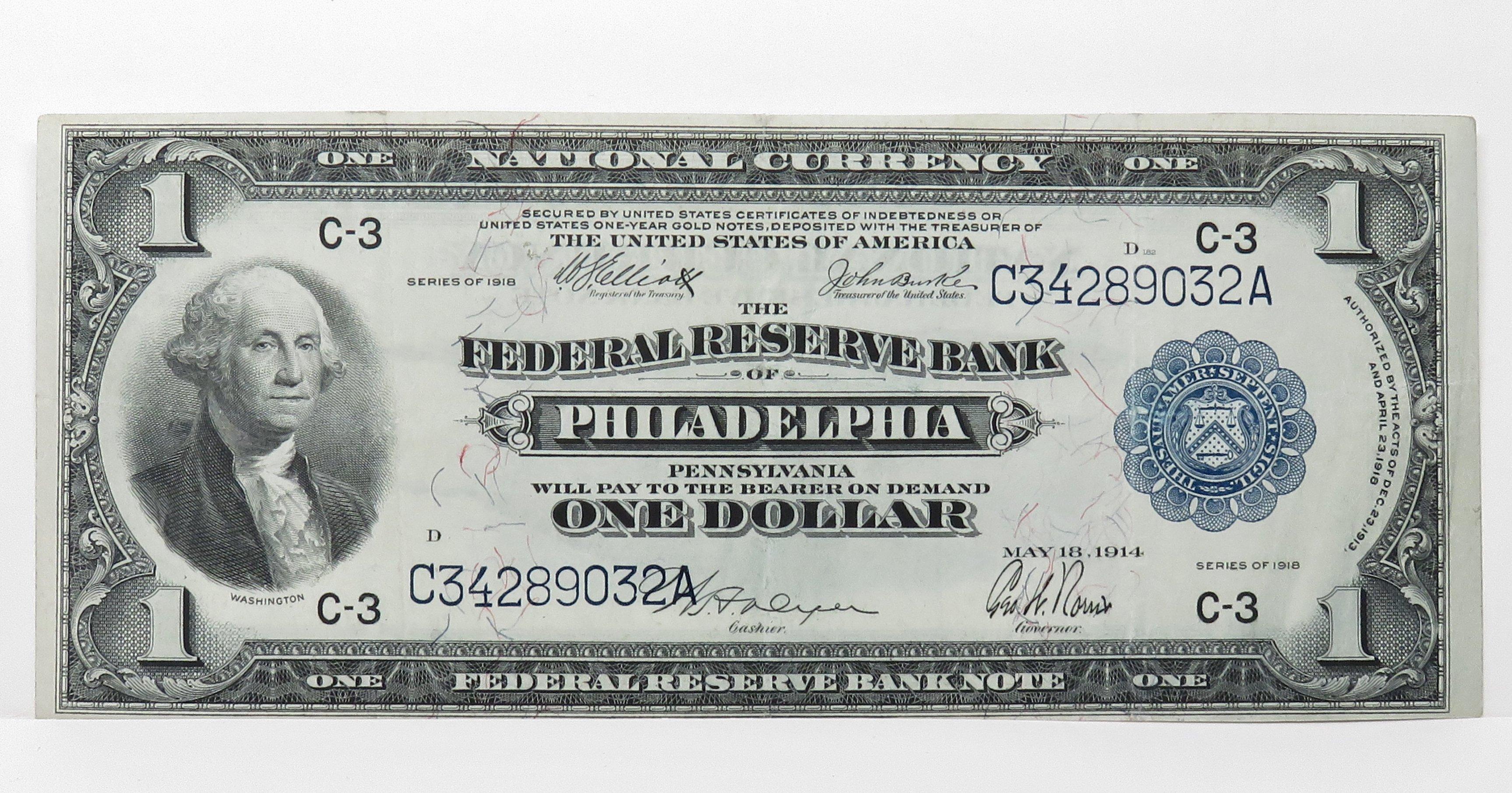 $1 FRBN Philadelphia 1918 "Green Eagle", FR717, SN C34289032A, EF (4 Folds)