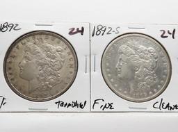 2 Morgan $ 1892 EF (Tarnished) & 1892-S Fine (Cleaned)