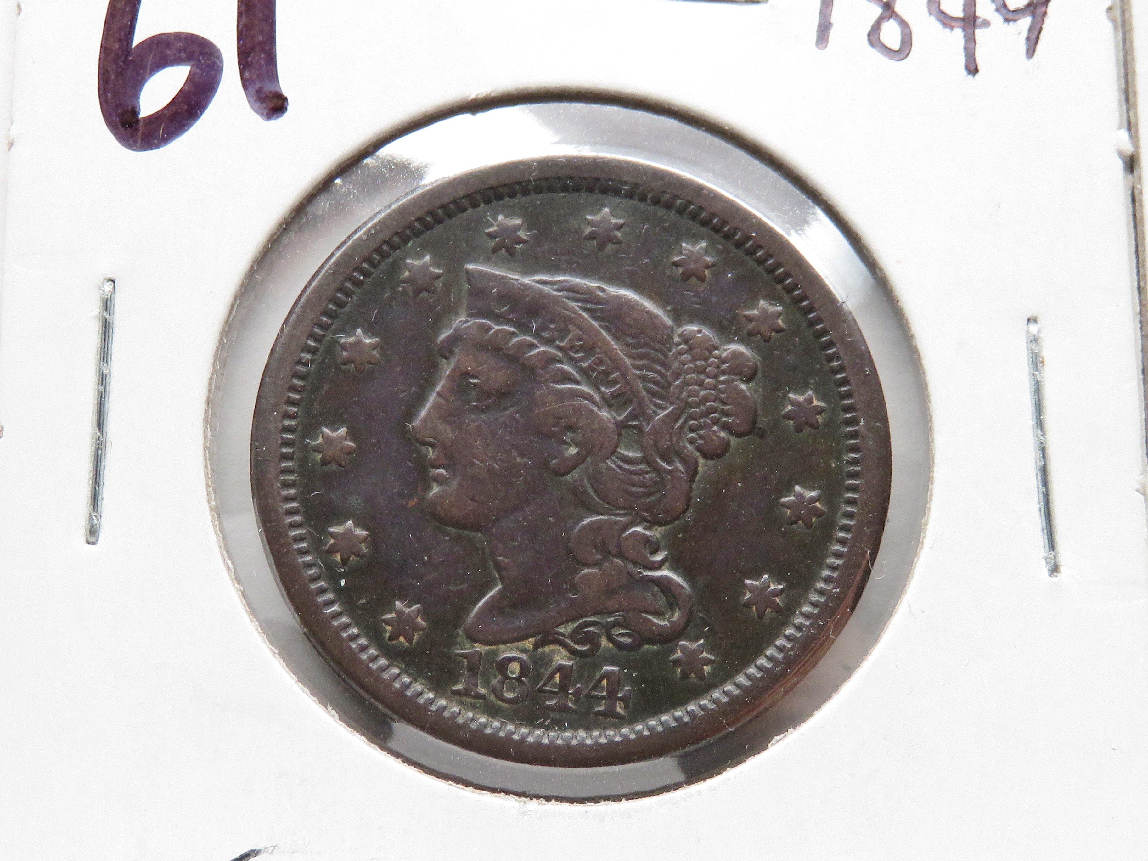 2 Braided Hair Large Cents: 1844 VF, 1845 VG