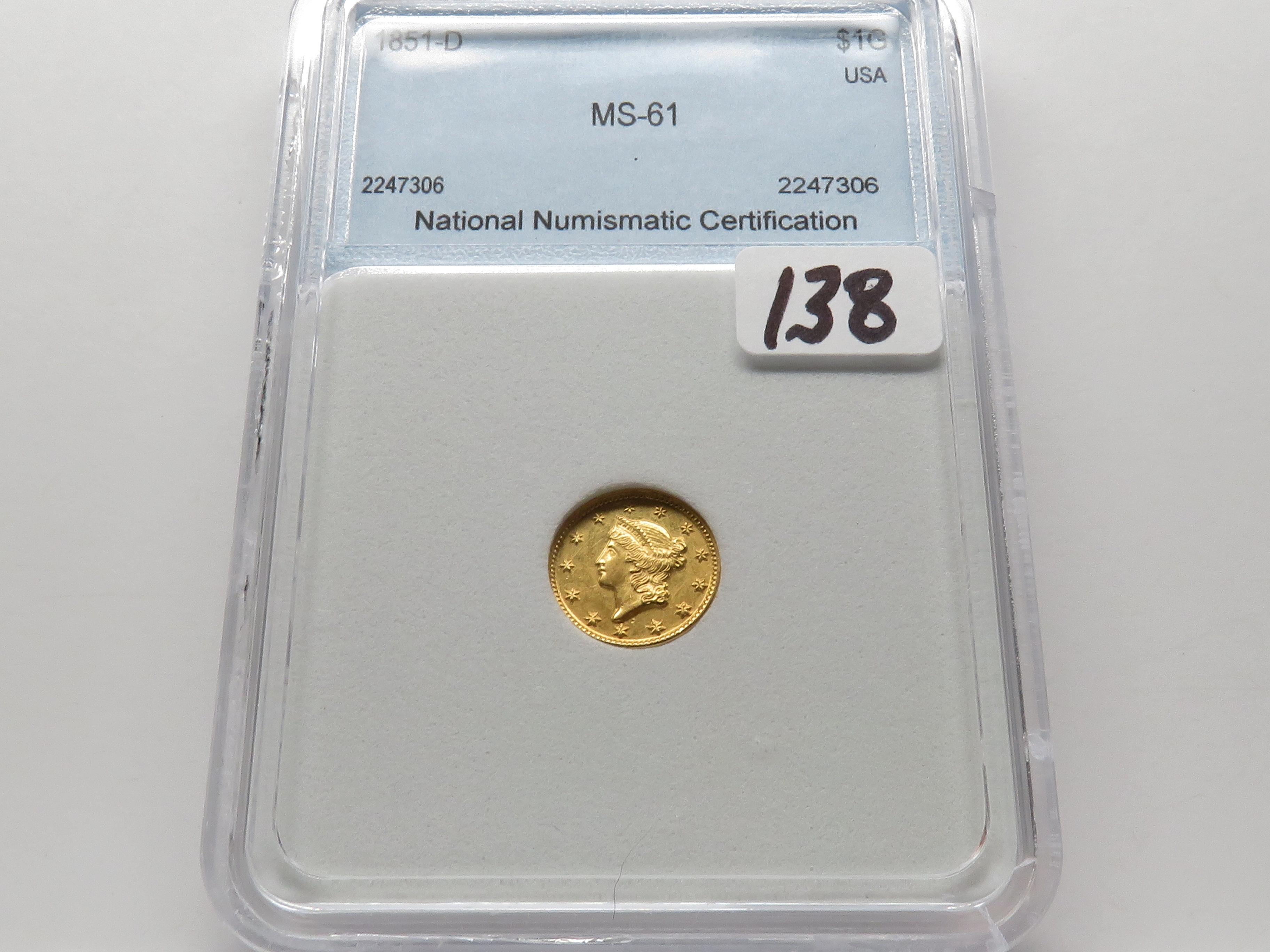 Gold Liberty Head $ 1851-D NNC Mint State RARE