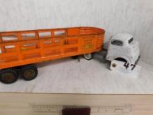 Overland Freightliner Toy Trailer, 20", Truck Missing Front Wheel.