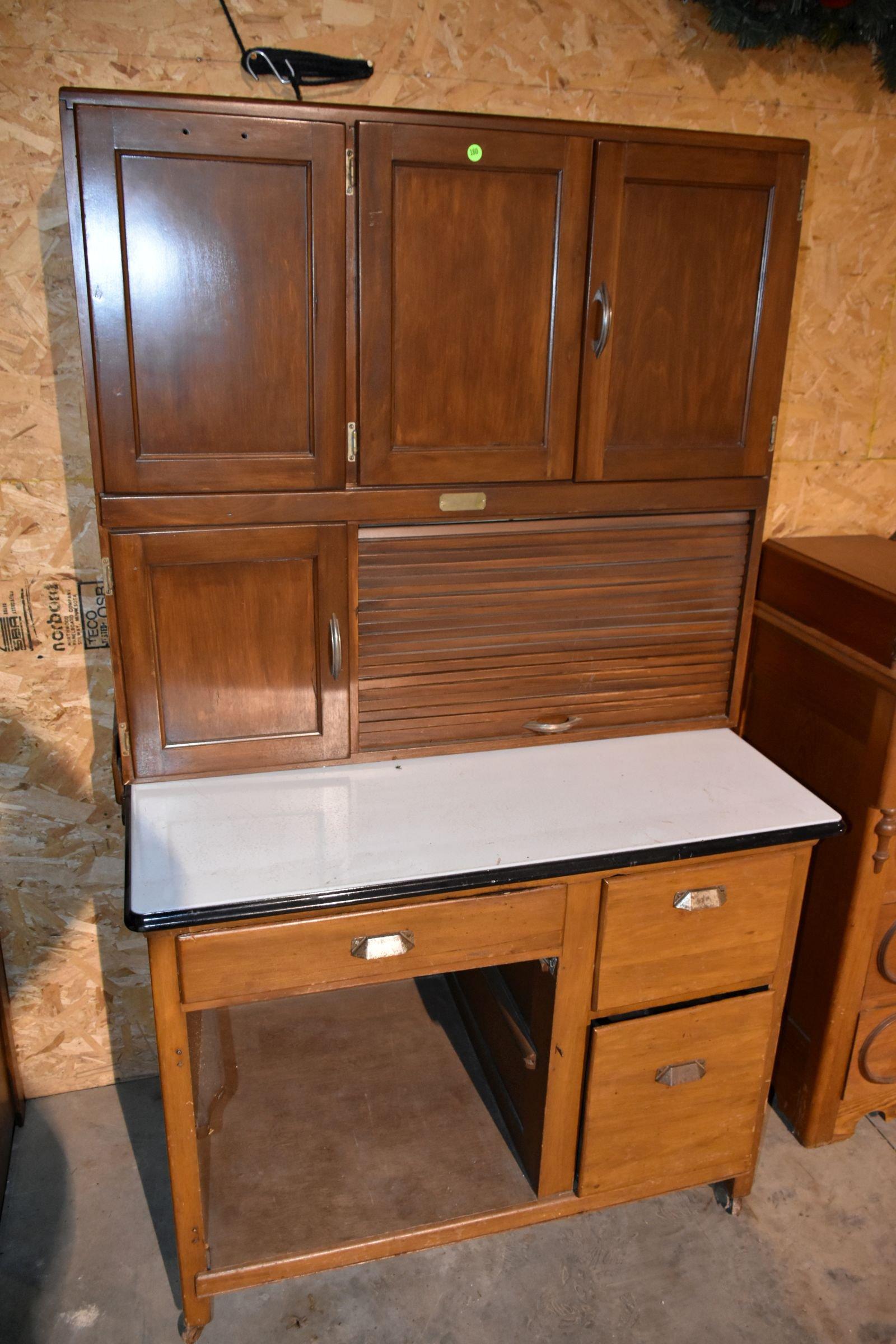 Hoosier Style Kitchen Cupboard, Enamel Top