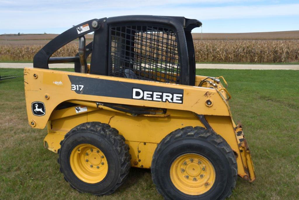 John Deere 317 Diesel Skid Loader, Cage Cab, Power Attach, 72” Bucket, Aux. Hydraulics, Tires At 80%