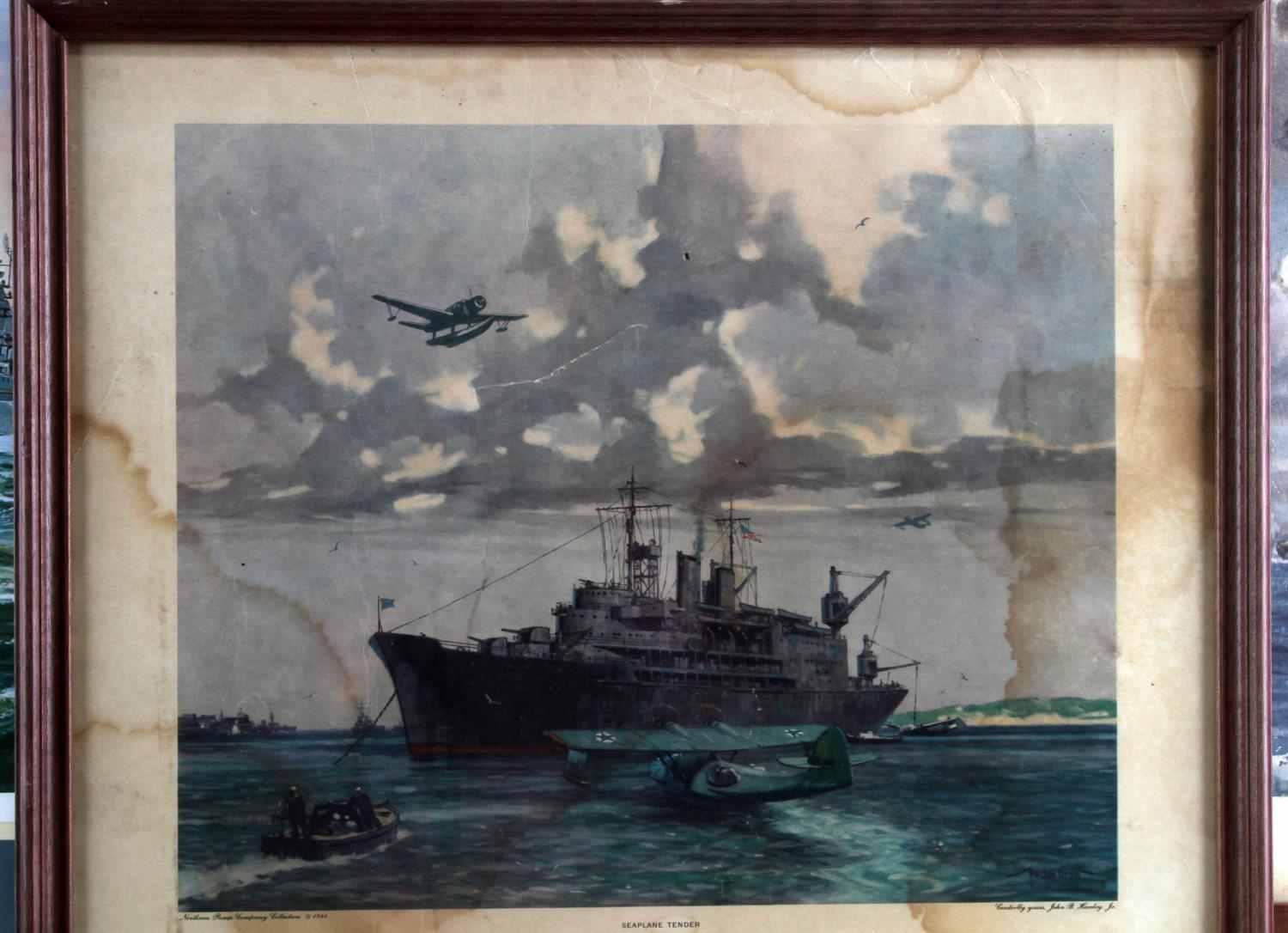 4 LITHOGRAPH PRINTS WWII MILITARY SHIPS FRAMED