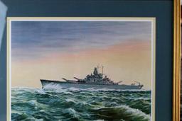 4 LITHOGRAPH PRINTS WWII MILITARY SHIPS FRAMED