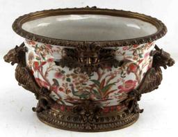 ANTIQUE PORCELAIN AND BRASS TUREEN