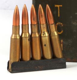 AMMO BOX OF M1 CLIPS & 30-06 ROUNDS & HK21 BELTS