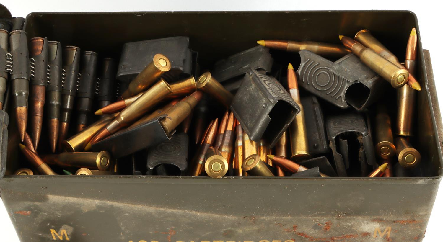 AMMO BOX OF M1 CLIPS & 30-06 ROUNDS & HK21 BELTS