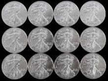 LOT OF 12 AMERICAN SILVER EAGLE 1 OZ SILVER COINS