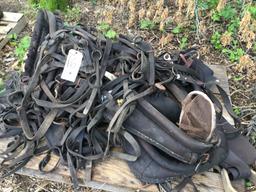 pallet of old bridells and harnesses