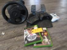 GAME STEERING WHEEL, PADDLES AND 2 XBOX GAMES W/ 3 CONTROLLERS