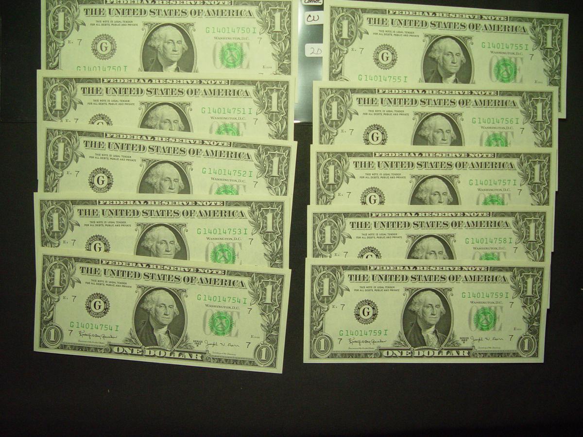 Ten Consecutive 1963-B $1 Federal Reserve "Barr" Notes