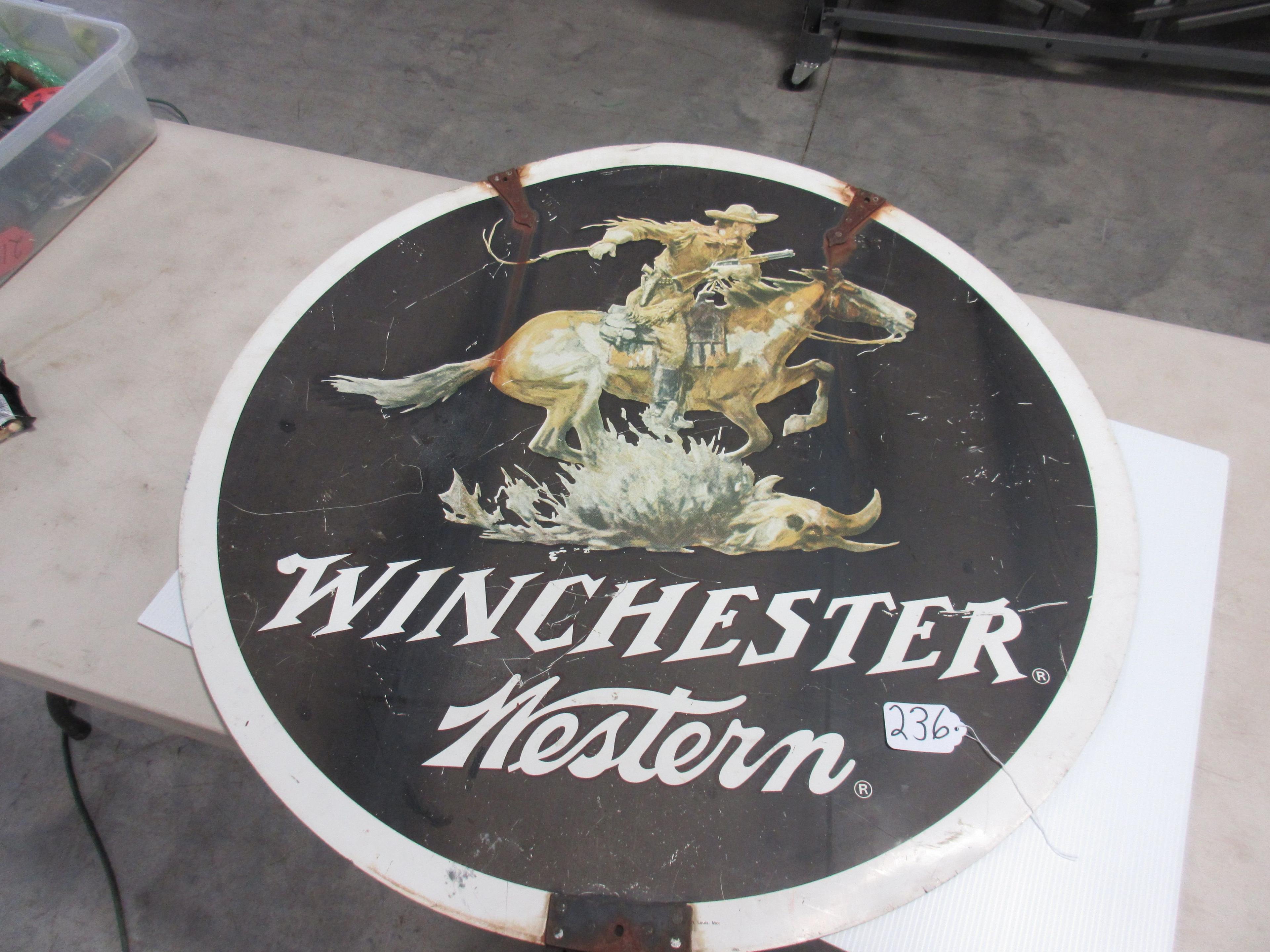 WINCHESTER TIN ADV. SIGN DOUBLE SIDED 38'' ROUND GREAT PIECE