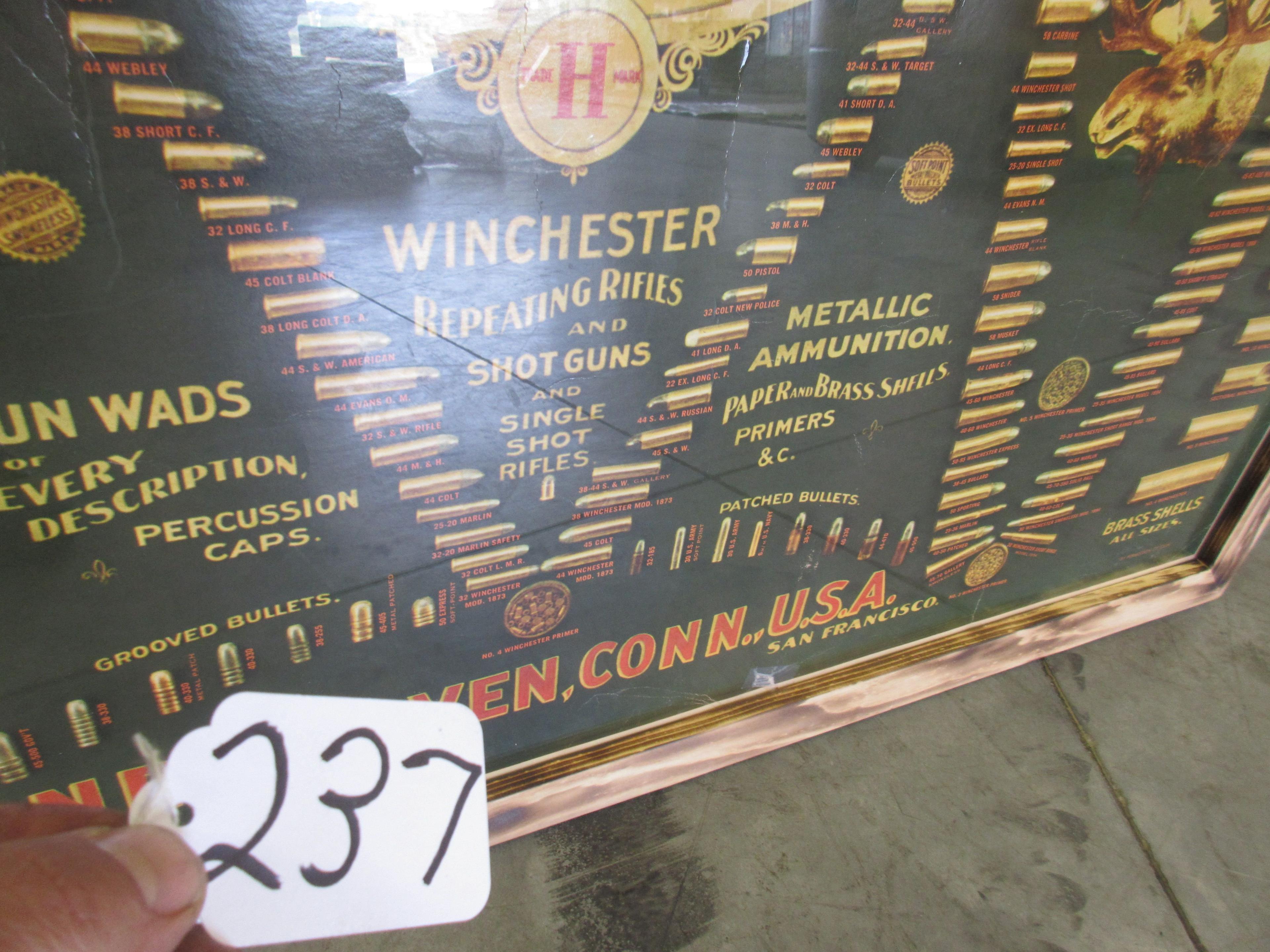 WINCHESTER AMO. ADV. 36'' X50'' IN NEW FRAME A GREAT OLDER PIECE HAS SOME SMALL TEARS