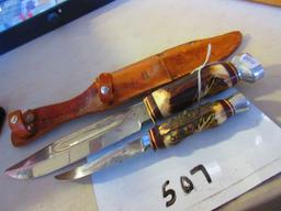 W. WILLMS SOLINGEN 2 KNIFE SET IN SHEATH AWSOME HAND CARVED STAG HANDLES VERY NICE SET