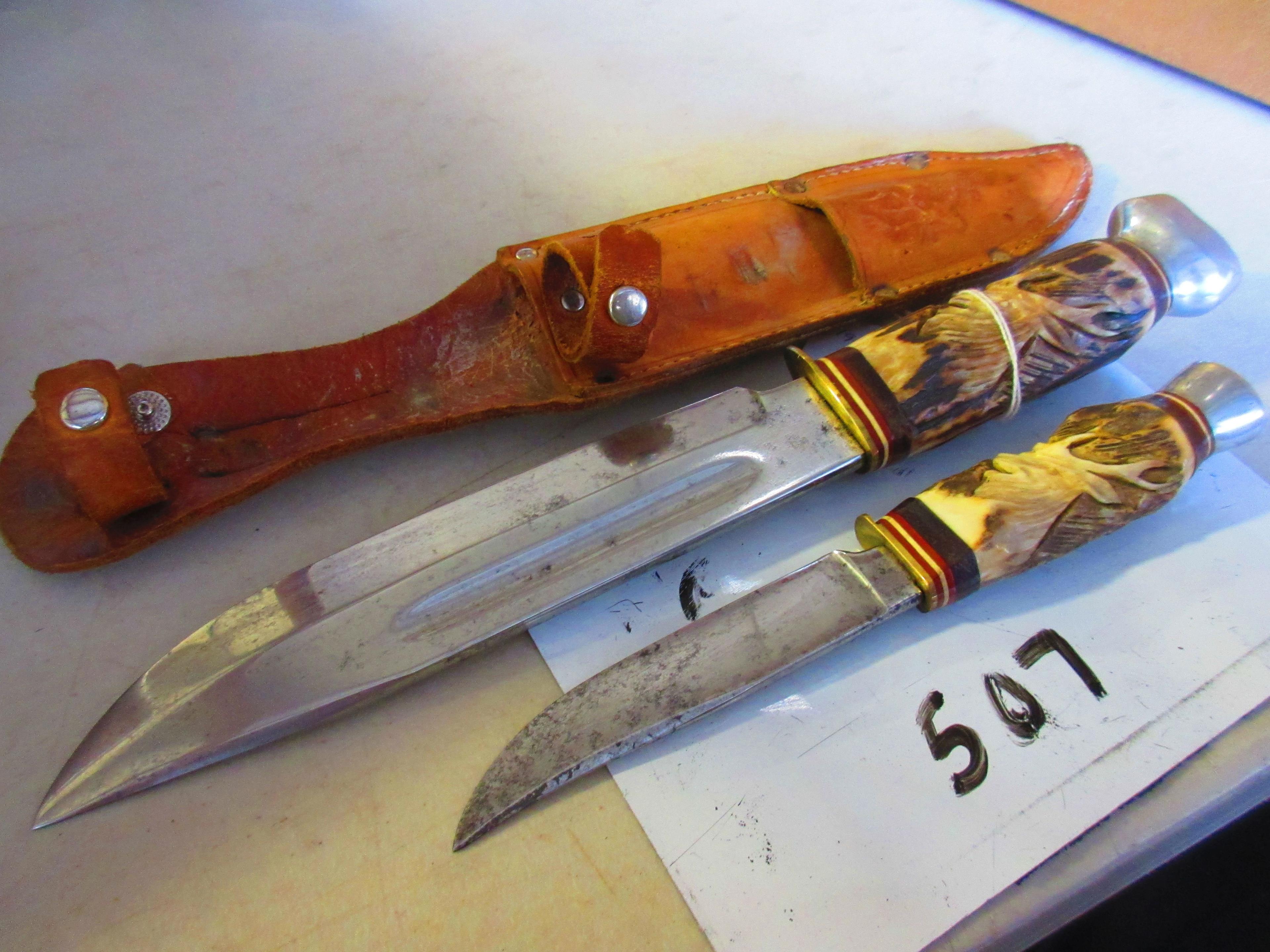 W. WILLMS SOLINGEN 2 KNIFE SET IN SHEATH AWSOME HAND CARVED STAG HANDLES VERY NICE SET