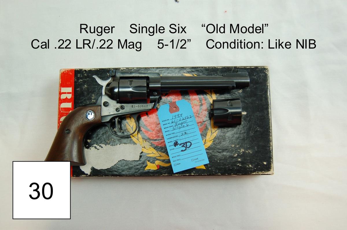 Ruger    Single Six    “Old Model”   Cal .22 LR/.22 Mag    5½”    Condition: Like NIB
