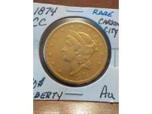 1874CC $20. LIBERTY HEAD GOLD PIECE AU