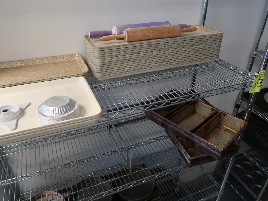 wire shelving unit on casters w/ contents- cake pans, marianne pans,