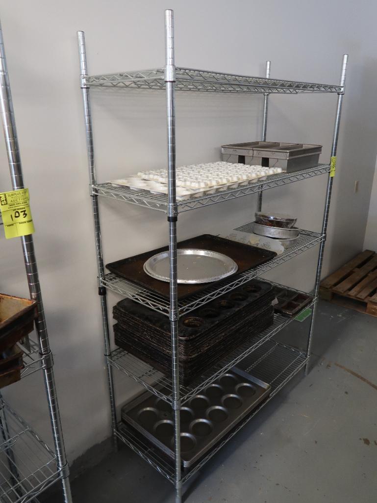 wire shelving unit w/ contents- muffin pans, cake pans, cookie molds, etc