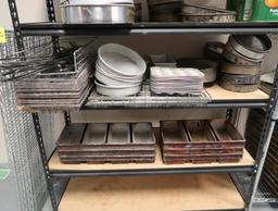storage shelving w/ contents- assorted cake pans, heating elements, etc
