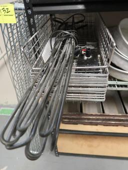 storage shelving w/ contents- assorted cake pans, heating elements, etc