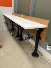 Bolted Down Tables W/ Metal Legs And Wooden Backsplashes