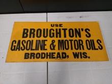 Broughton's Gasoline and Motor Oil Broadhead Wisconsin Cardboard Sign