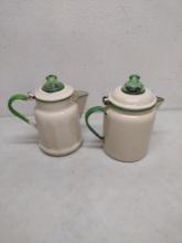 Two Vintage Enamel And Depression Glass Coffee Pots